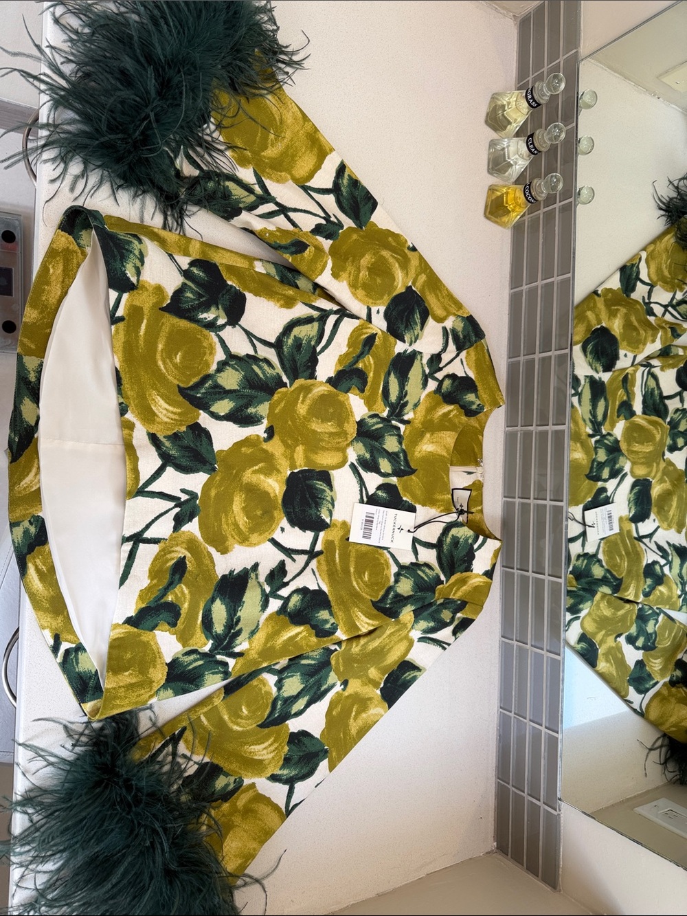 RIXO Yellow and Dark Green Floral Cropped Blouse with Feather Cuffs